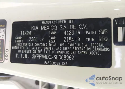 2025 Kia K4 Gt-Line Turbo z USA, uszkodzony, nr VIN 3KPFW4DC2SE068962